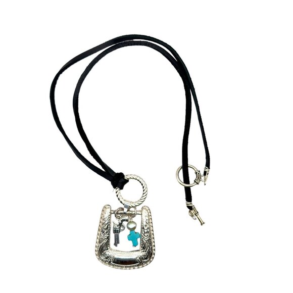 Upcycled Vintage Belt Buckle Pendant W/ Turquoise Western Style Leather Necklace - Picture 3 of 8